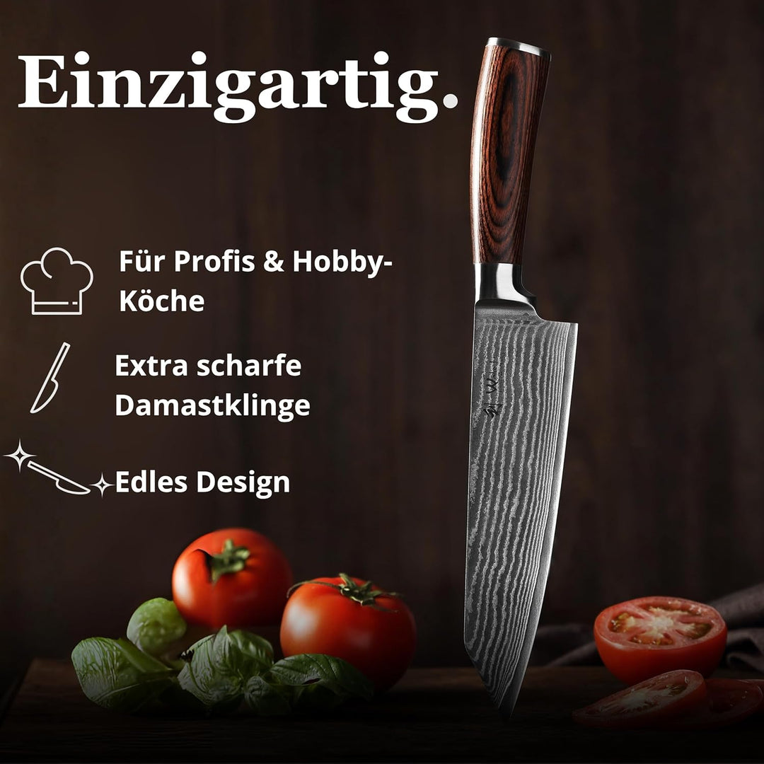 Wakoli EDIB Kiritsuke Messer aus echtem Damaststahl (VG10 Kern) mit 20 cm Klinge – Scharfes Küchenme
