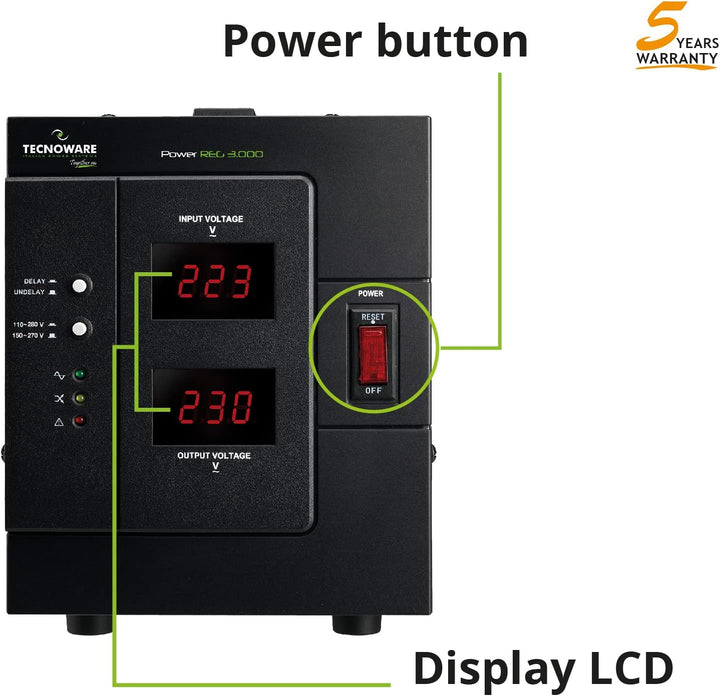 Tecnoware Power Reg 3000VA - Einphasiger Elektronischer Stabilisator - Stabilisierung ±6% - Kabelein