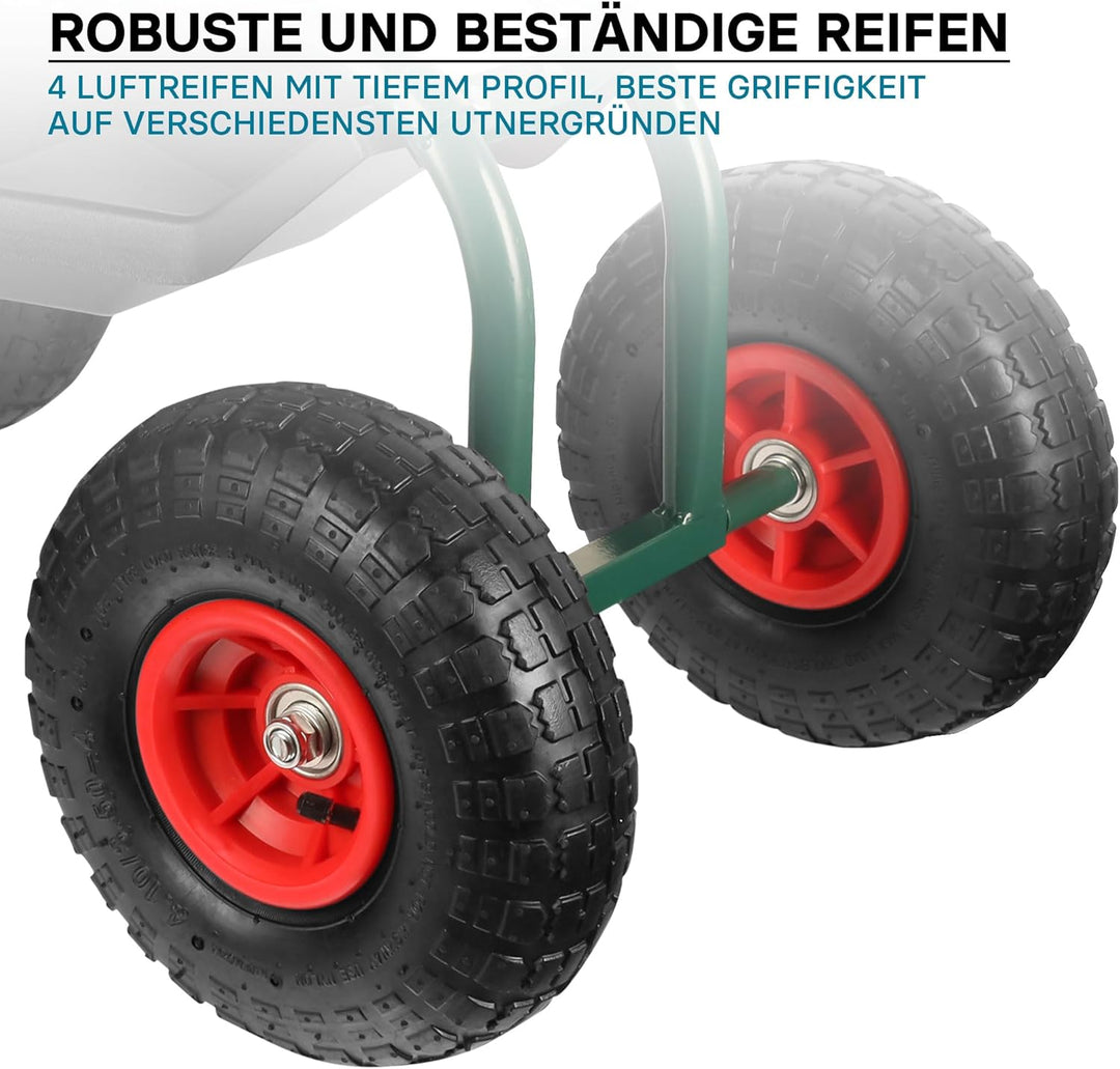 Wiltec Gartenwagen mit Ablagefläche bis 150kg Gartenhocker mit Reifen Gartentrolley für Gartenarbeit