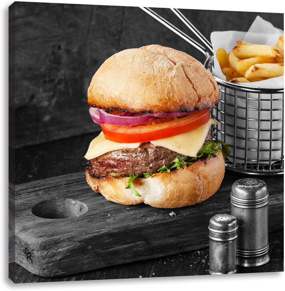 Pixxprint Cheesburger mit Pommes Schwarz/Weiss, Format: 70x70 auf Leinwand, 70x70
