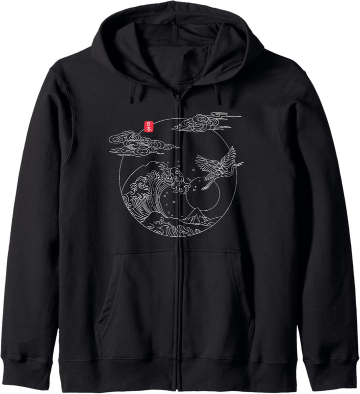 Japanische Vintage-Linien-Kranich Die grosse Welle vor Kanagawa Kapuzenjacke