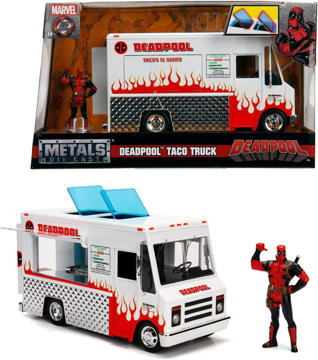 Jada Toys Marvel Deadpool Foodtruck, Auto, Spielzeugauto aus Die-cast, öffnende Türen, Kofferraum &