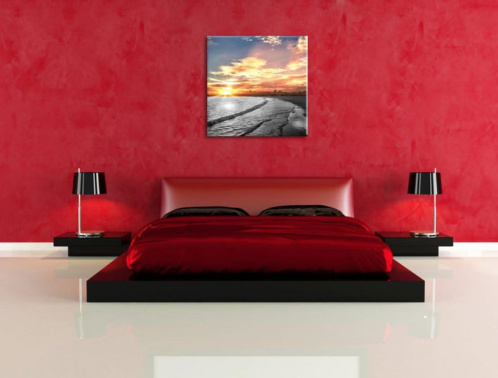Pixxprint Strand bei romantischem Sonnenuntergang schwarz/weiss, Format: 70x70 auf Leinwand, 70x70