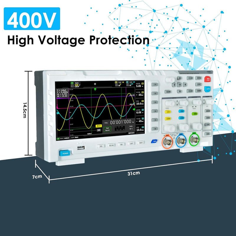 1014D Digitales Oszilloskop 2 Kanäle, 7" Oscilloscope 100Mhz Bandbreite mit DDS Signalgenerator, 1GS
