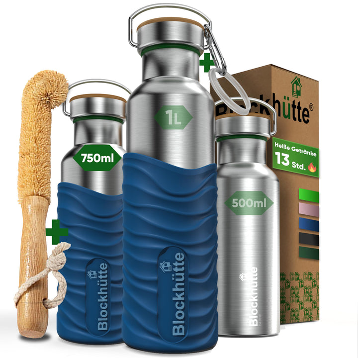 Blockhütte Edelstahl Trinkflasche 750ml I Wasserflasche Kohlensäure geeignet I Auslaufsicher, BPA-Fr