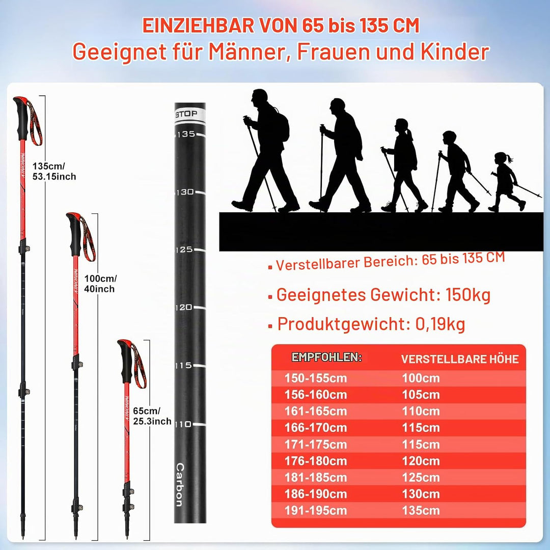 Ninonly Wanderstöcke faltbar Carbon, Nordic Walking Stöcke Damen &amp; Herren, Leichte Teleskop Wanderst