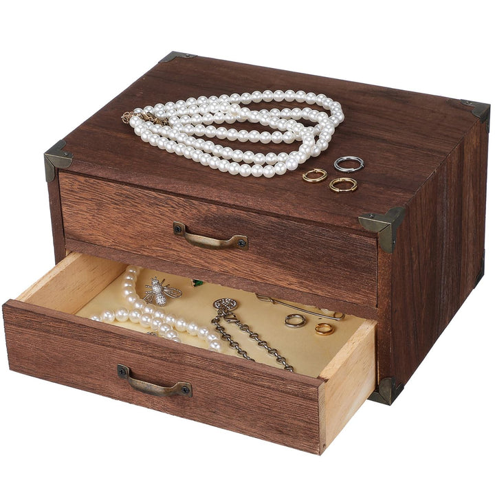 Ciieeo Vintage Schreibtisch Organizer aus Holz, Retro Aufbewahrungsbox mit 2 Schubladen und Metall-E