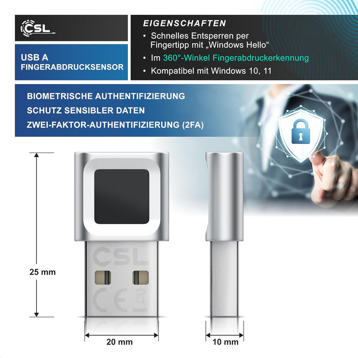 CSL - USB Fingerabdrucksensor für PC - Fingerprint Key - bis zu 10 IDs – kompatibel mit Windows 11 –