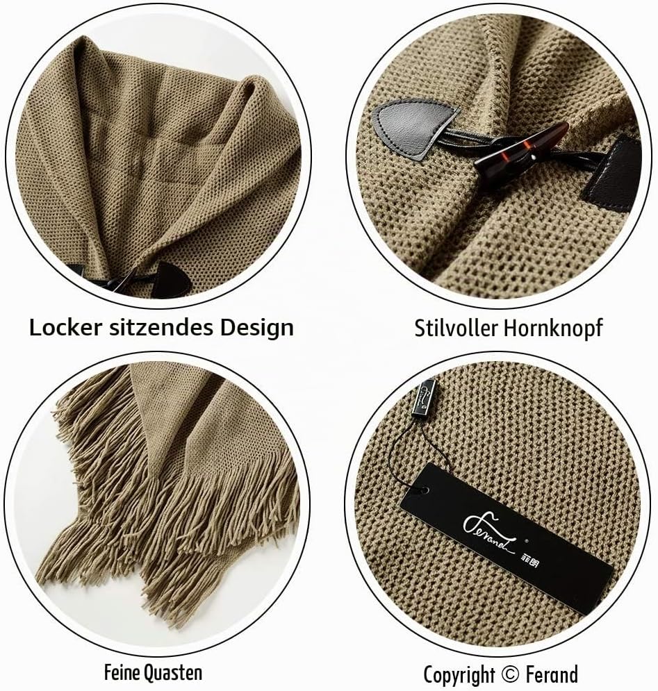 Ferand Damen Poncho Locker sitzender Cape Schal mit offener Vorderseite für Herbst und Winter Khaki,
