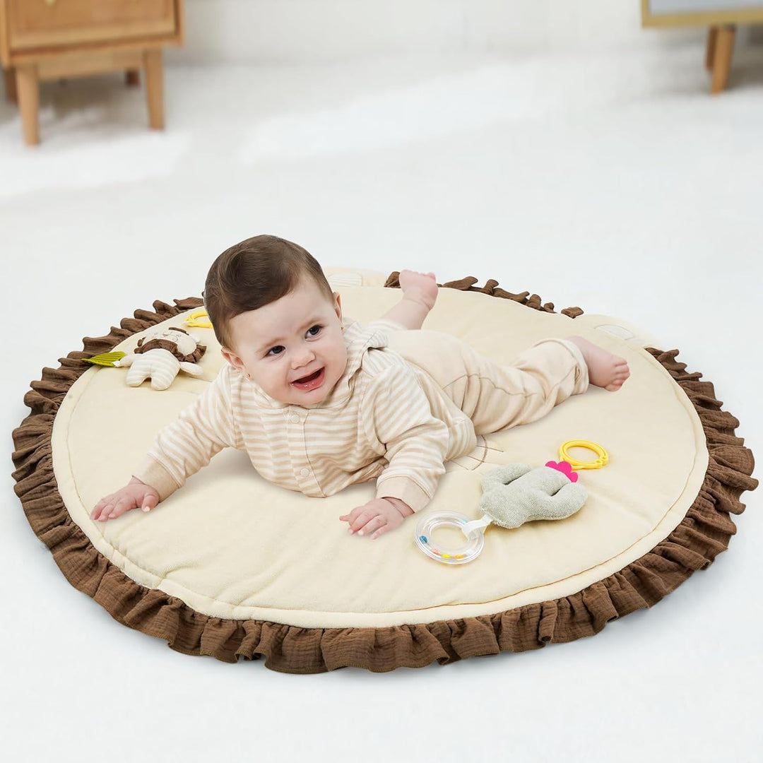 COTTONBEBE 4 IN 1 Spielbogen Baby, Spielmatte Babies mit Natur Holz Activity Spielbogen, 3 abnehmbar