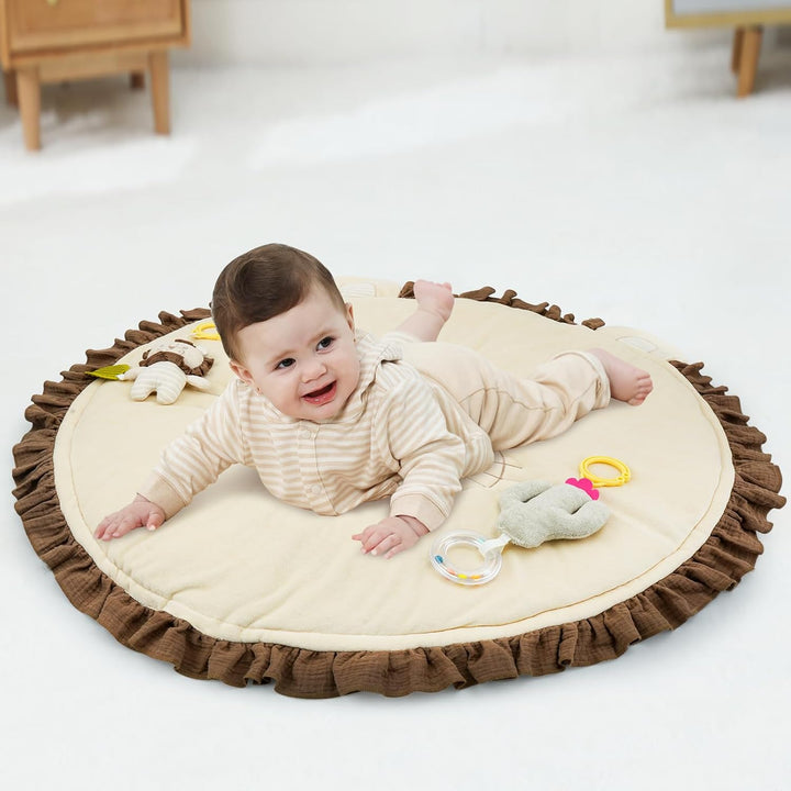 COTTONBEBE 4 IN 1 Spielbogen Baby, Spielmatte Babies mit Natur Holz Activity Spielbogen, 3 abnehmbar