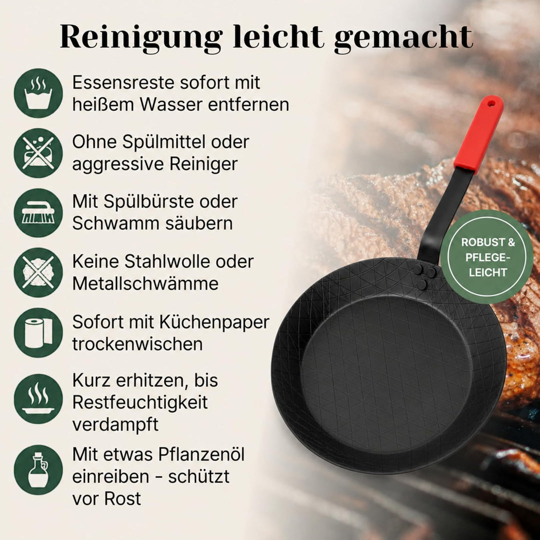 pasoli Steak-Pfanne aus Carbonstahl, voreingebrannt (mit Griffschutz) Steak-Pfanne mit Griffschutz,