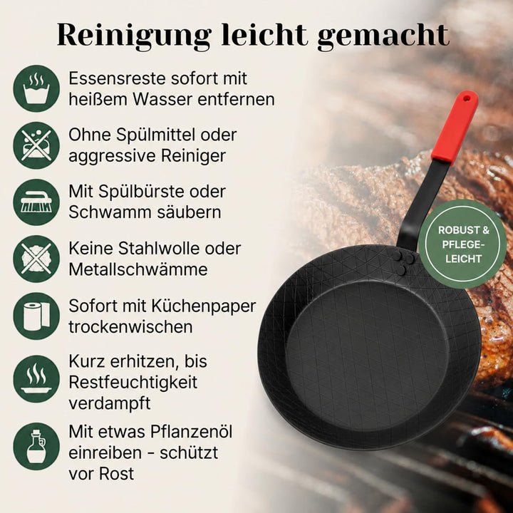 pasoli Steak-Pfanne aus Carbonstahl, voreingebrannt (mit Griffschutz) Steak-Pfanne mit Griffschutz,