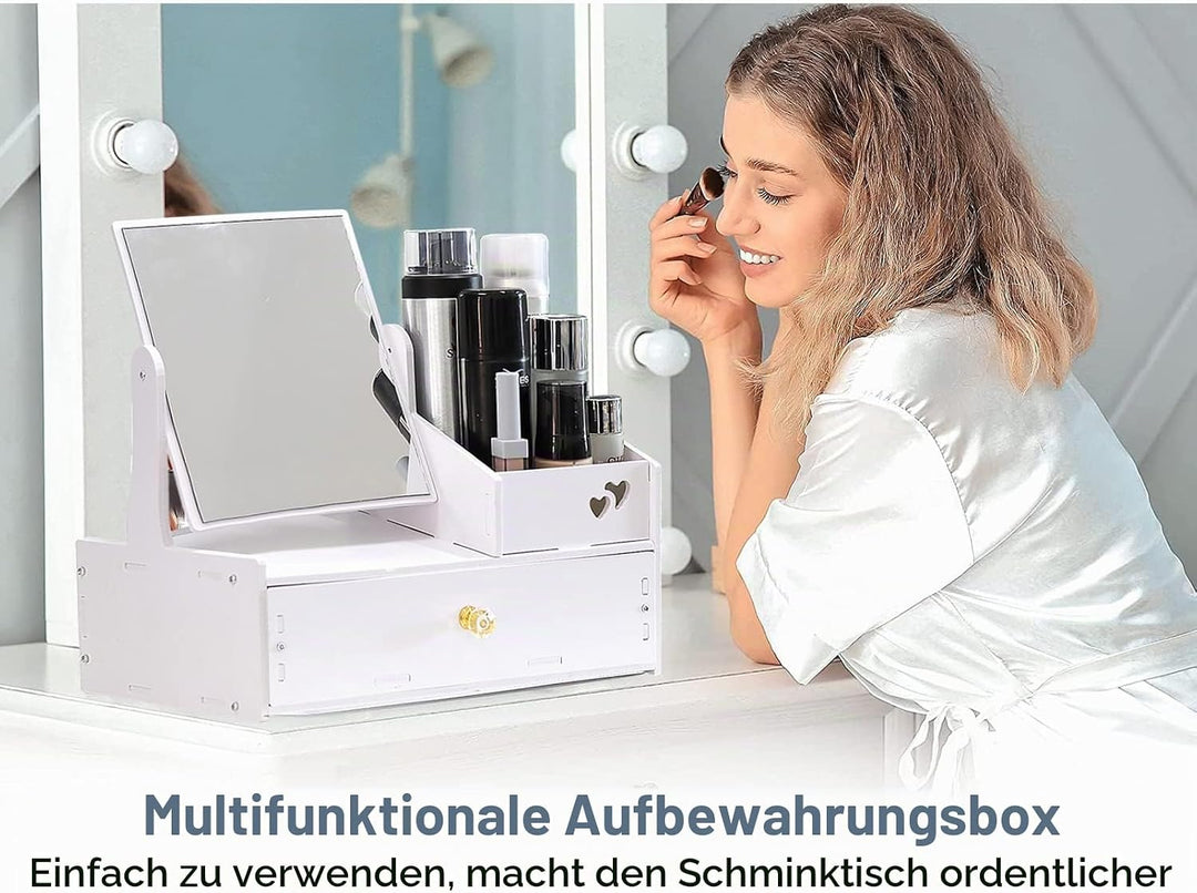 LEcylankEr Cosmetic Organizer, Schminktisch Organizer mit Spiegel, White Desktop Kosmetik Organizer,