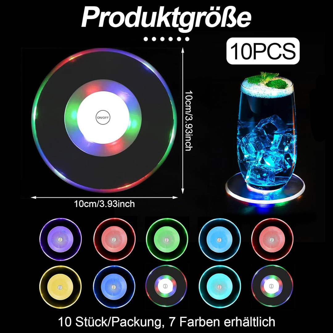 QESSUVNC 10 Stück LED Untersetzer,Bunt LED Untersetzer mit 7 Lichtmodi, 10CM Acryl Rund Wasserdichte