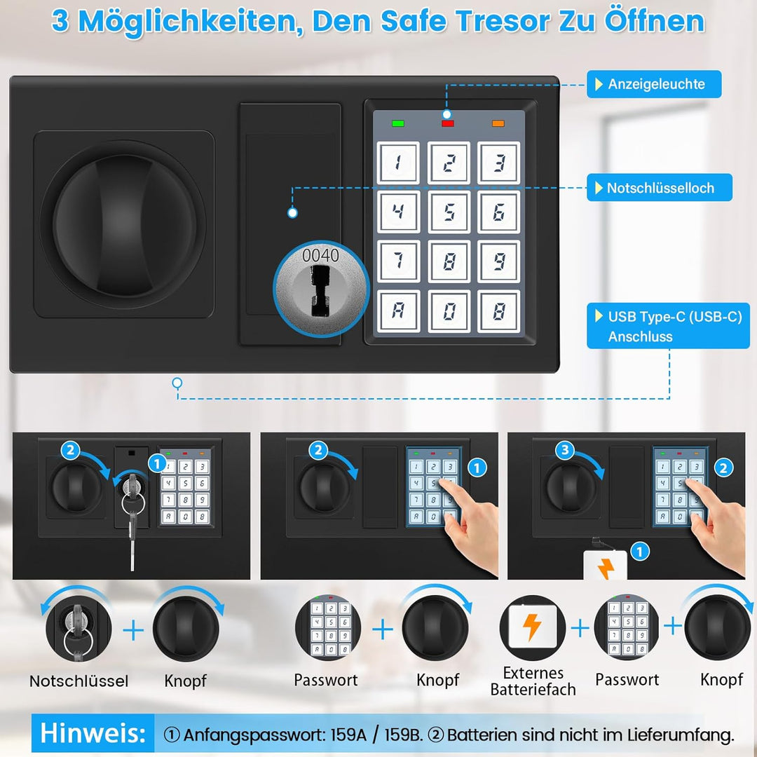 Digitaler Safe Tresor für Zuhause mit Feuerfester Tasche, Kleiner Tresor mit Zahlenschloss, Alarmmod