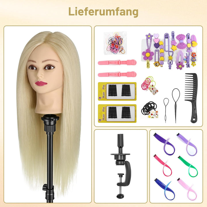 TwoWin Frisierkopf 80% Echthaar, Übungskopf 24 Zoll /60cm Friseurkopf, Trainingskopf für Friseure fü