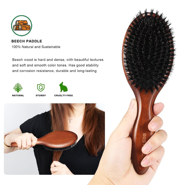 BESTOOL Haarbürste, Wildschweinborsten Bürste für Damen Herren Kinder, Buche Paddel Naturborsten für