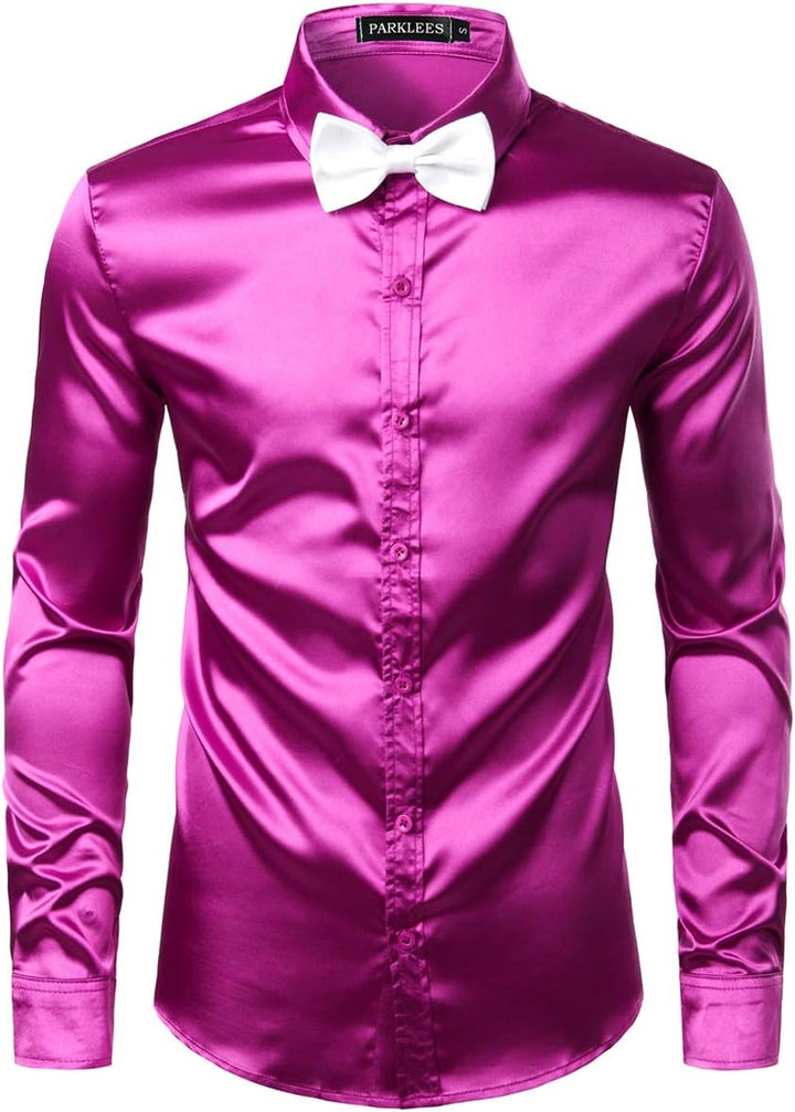 PARKLEES Herren Glänzend Slim Fit Satin Langarmhemd Frezeit Business Hemd für Party Nachtclub S Lila