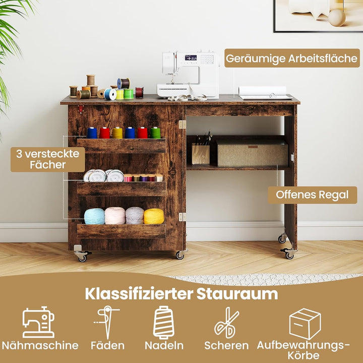 COSTWAY 2 in 1 Nähtisch klappbar, Nähmaschinenschrank aus Holz mit Regalen & Ablagefach, Nähschrank