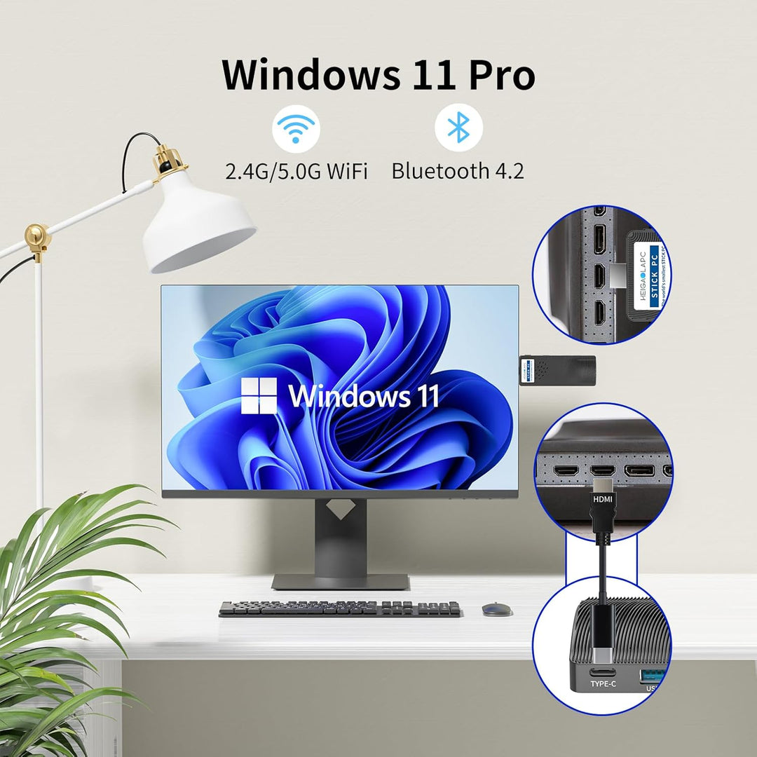 HEIGAOLAPC Mini PC Stick Win 11 Pro,Celeron N4000 4GB RAM 64GB eMMc Mini Computer, Dual WiFi 6.0/BT5