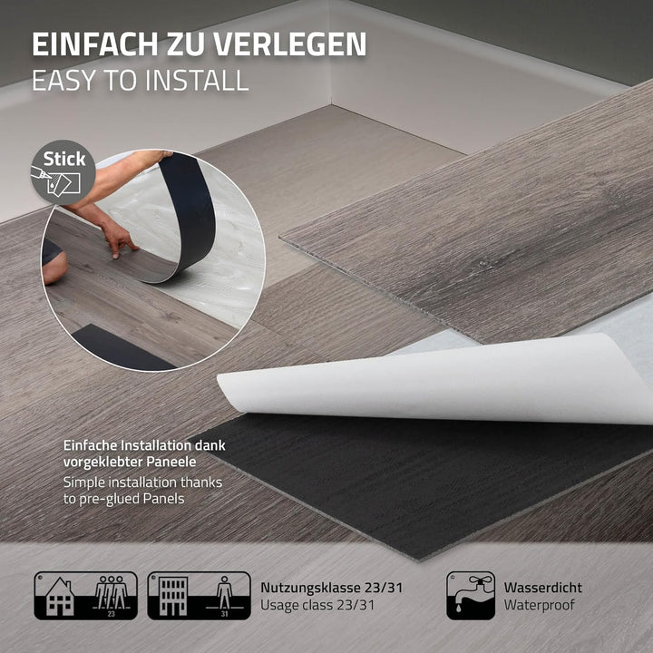ML-Design Deluxe PVC Bodenbelag, Selbstklebende Vinyl-Dielen, Vinylboden, 91,5 cm x 15,3 cm x 2 mm,