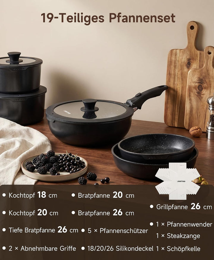 JEETEE Topfset und Pfannenset 19-teilig Antihaft mit abnehmbaren Griffen Schwarz 19 Pcs 19, Schwarz