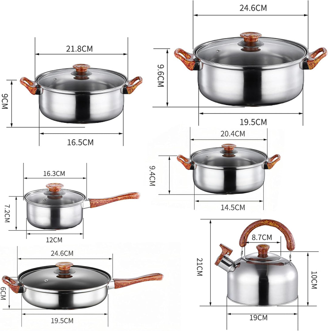 Retoo Topfset Edelstahl 12-teilig, Kochtopfset mit Glasdeckel & braunen Griffen, Töpfe Pfanne Wasser