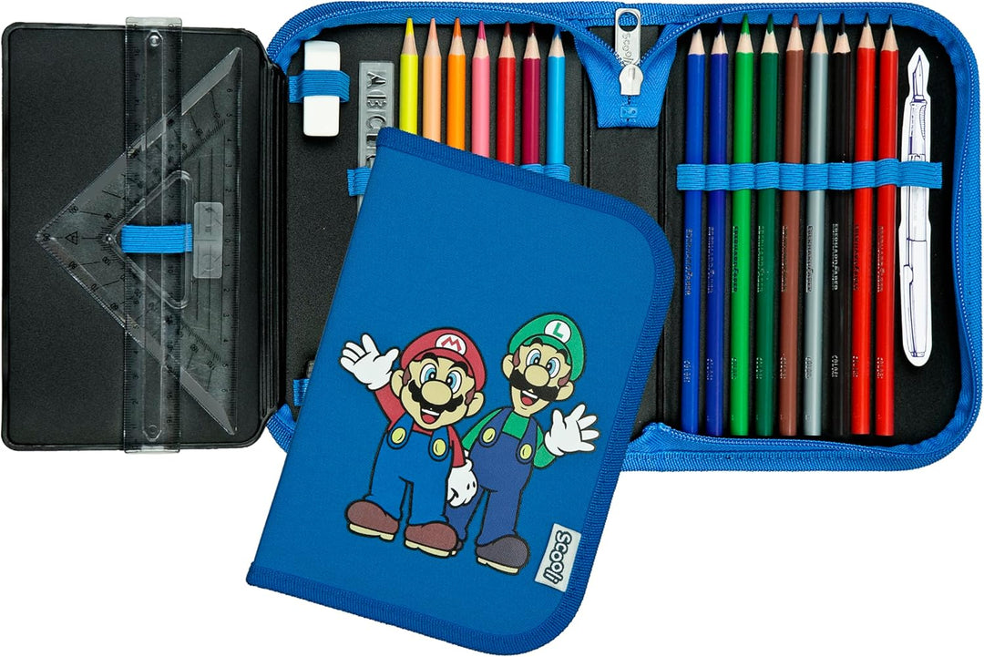 Scooli - Gefülltes Schüleretui Super Mario - Federmäppchen mit hochwertigen Stiften & Zubehör - Idea