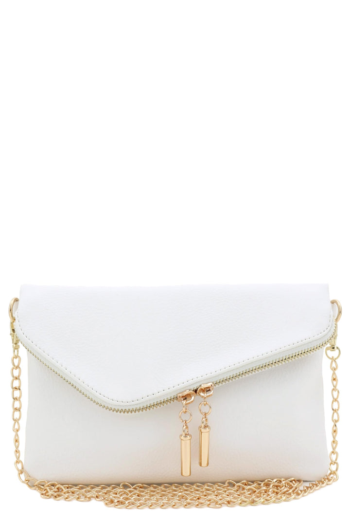 FashionPuzzle Umschlag Wristlet Clutch Umhängetasche mit Kettenriemen Weiss, Weiss