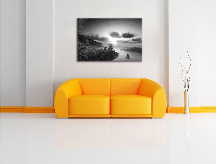 Pixxprint Chinesisches Haus am See Kunst / 100x70cm Leinwandbild bespannt auf Holzrahmen/Wandbild Ku