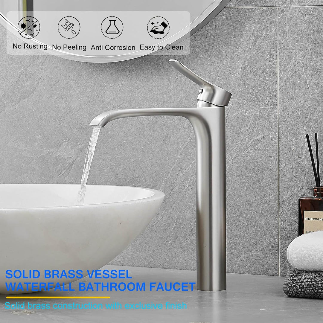 Bad Wasserhahn Wasserfall Badarmatur Hoch Waschtischarmatur Einhebel Mischbatterie, Silber (Gebürste