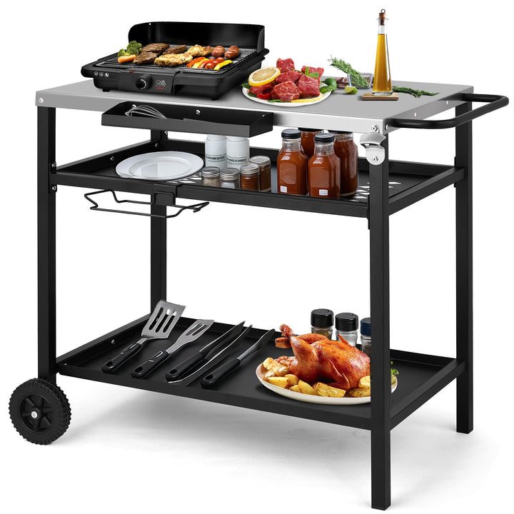 LEADZM Grillwagen - Grilltisch Outdoor, 97 x 51x 83 cm, Schreibtisch aus Edelstahl Silber,Mit Rädern