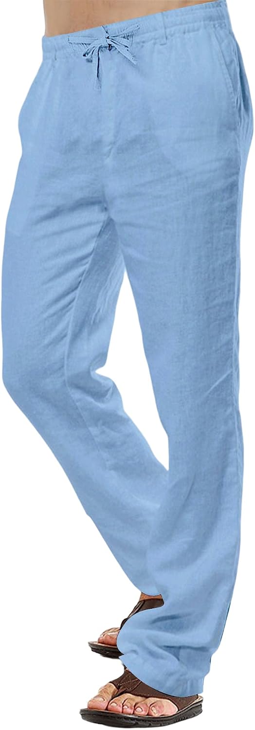 Herren Leinenhose Casual Baumwolle Hose Sommer Strand Hosen Leichte Tunnelzug Hose M Blau, M Blau