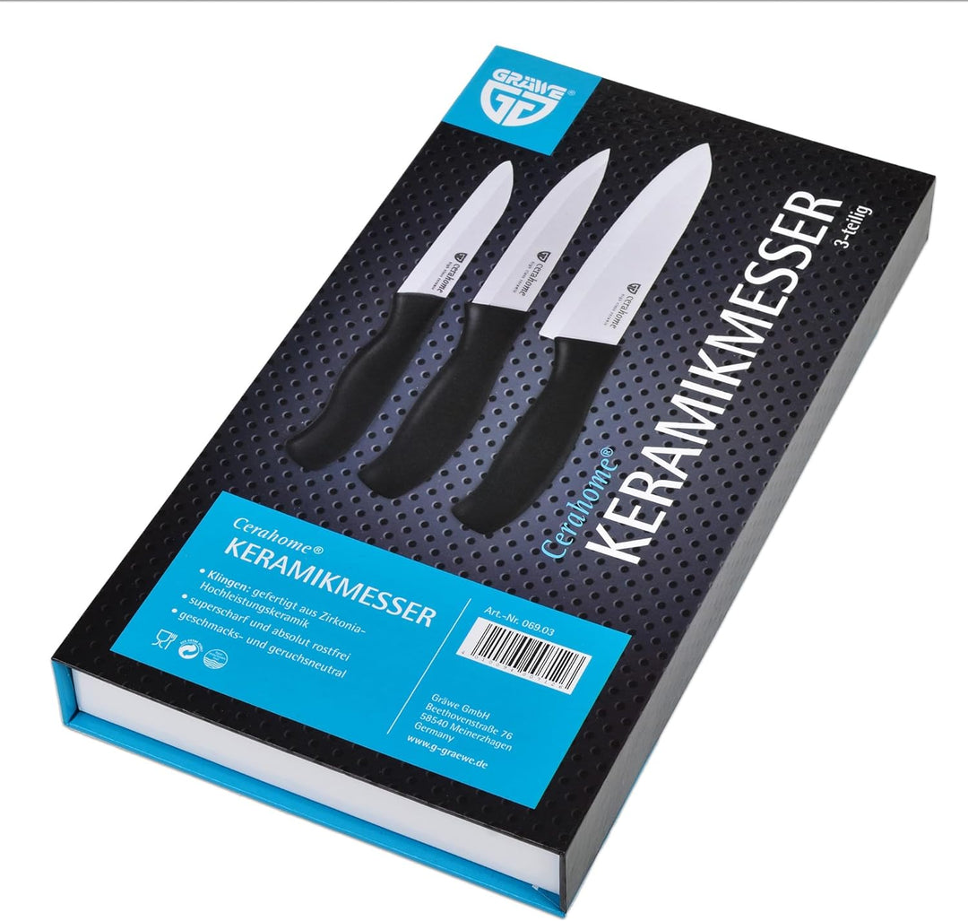 GRÄWE Keramikmesser Set, Scharf, 3er Pack Messerset, Küchenmesser, Gemüsemesser und Kochmesser aus K