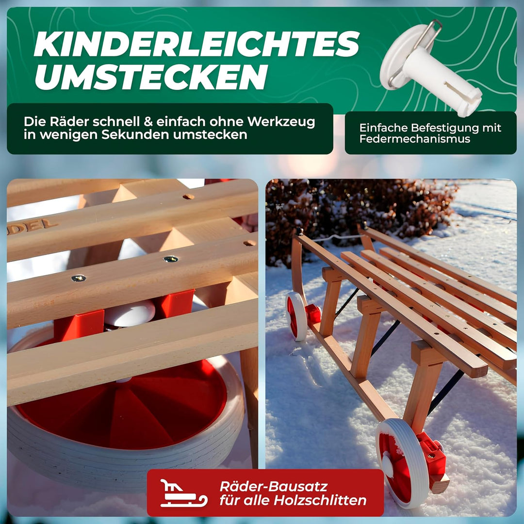 Roll Rodel Original Holzschlitten mit Rädern zum Einsatz auf Teer und Schnee - Schlitten mit Rollen,