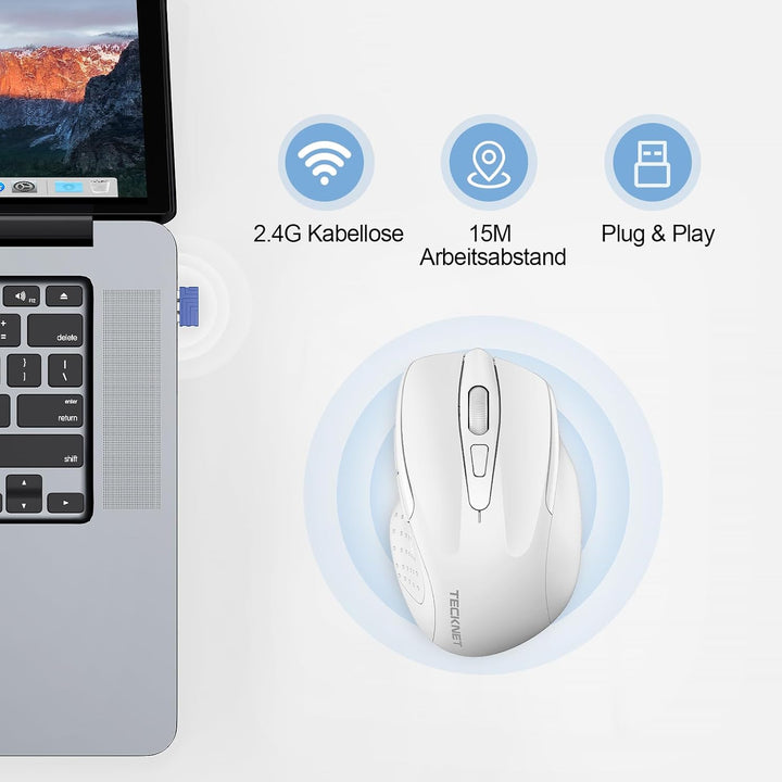 TECKNET Silent Kabellose Maus, Wiederaufladbar Funkmaus 4800 DPI, 2,4 GHz Optische Computer Maus für