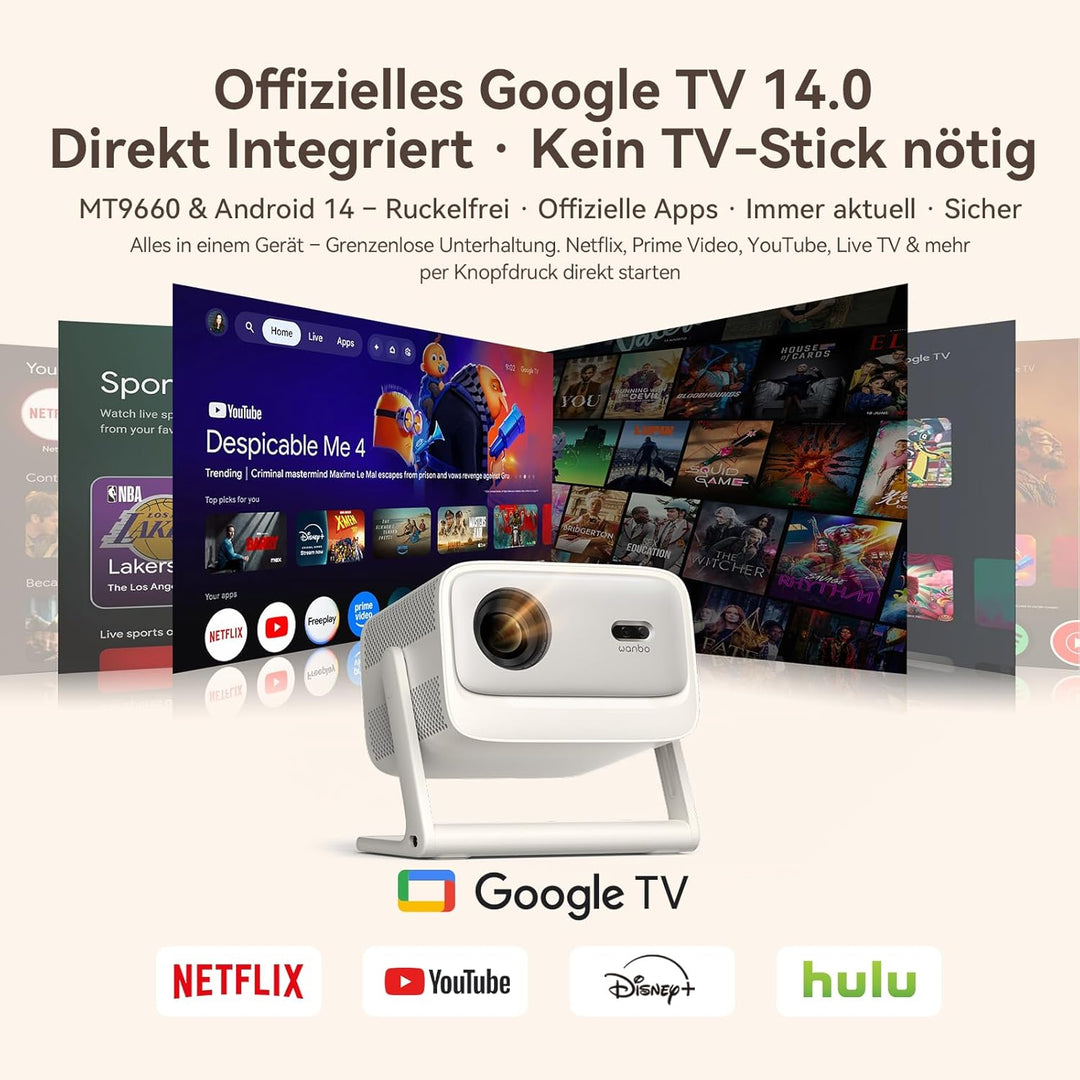 WANBO Vali 1 Pro Smart Beamer Heimkino Official Google TV 14/Netflix, 4K Unterstützung, MEMC HDR10,