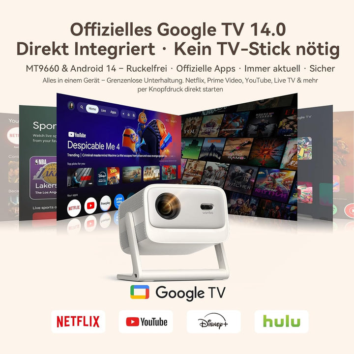 WANBO Vali 1 Pro Smart Beamer Heimkino Official Google TV 14/Netflix, 4K Unterstützung, MEMC HDR10,