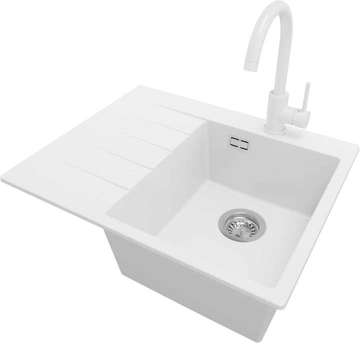 Spülbecken Weiss 62x50 cm, Granitspüle + Ablauf-Set + Küchenarmatur 5000, Küchenspüle für 40er Unter