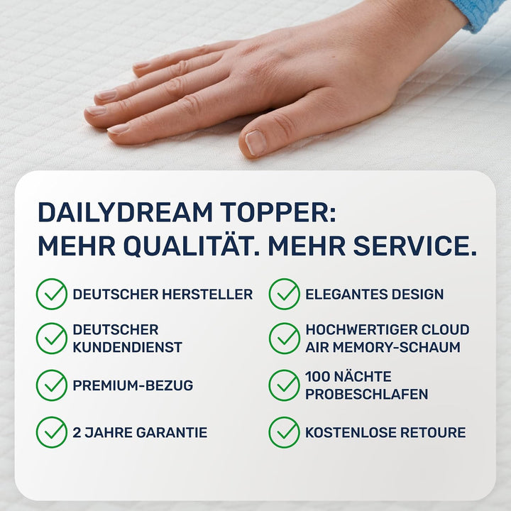 Dailydream Matratzen Topper 100x200cm | Memory Foam | 5cm hoch | Edition Pure, Model M | Zertifizier