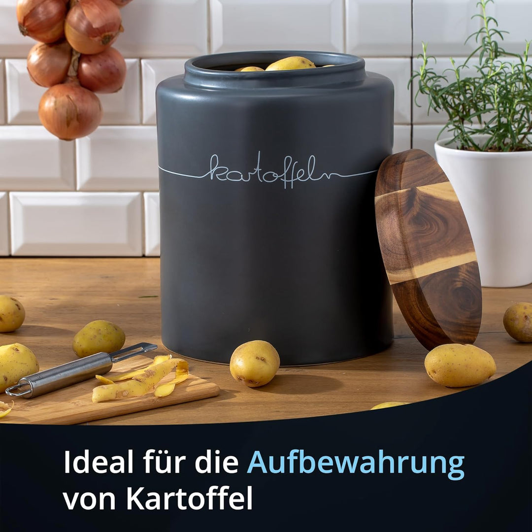 KHG Kartoffel Aufbewahrung, Keramik Steingut poliert, Anthrazit Grau mit Holz-Deckel, 4kg Kartoffeln