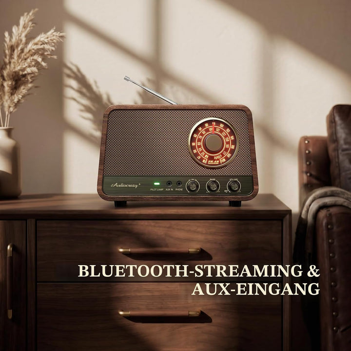 Retro-Tisch-FM-Radio mit Bluetooth-Lautsprecher, klassisches Holz-Finish, Wandstecker für Zuhause, B