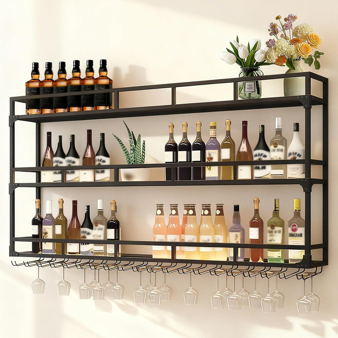 Weinregal Wand, 3 Ebenen Wand-Weinregale mit Glashalter, Multi funktionaler Weinpareite Display Rack