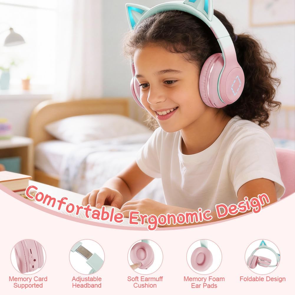 Kinder Bluetooth Kopfhörer, Katzenohr LED Lichter, Bluetooth 5.3 Stereo, Verstellbares Kopfband, 85d