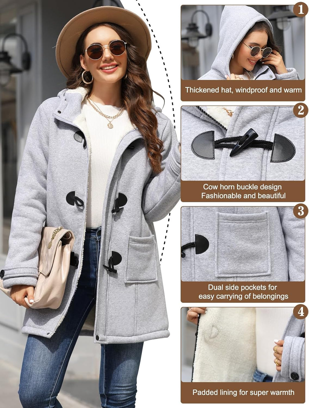 Yuson Girl Winterjacke Damen Fleecejacke Lang Wintermantel Warm Hornknopfjacke Einfarbig Kapuzenpull