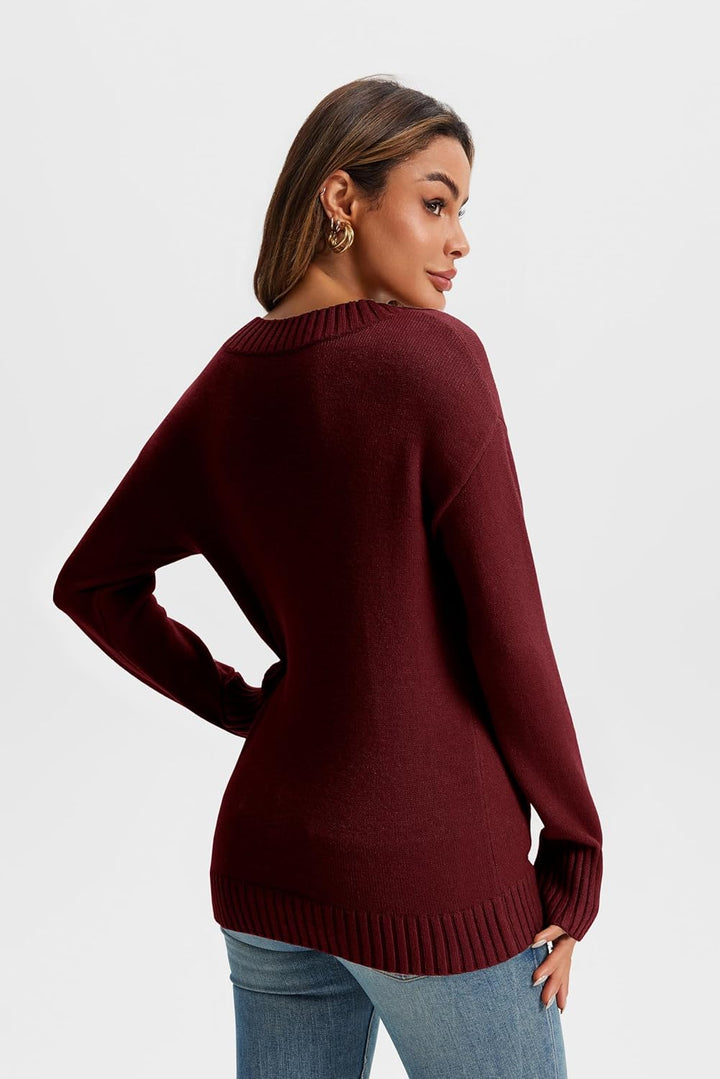 Wenrine Damen Pullover Winter Langarm V-Ausschnitt Strickpullover Sexy Lose Einfarbig S Burgunderrot