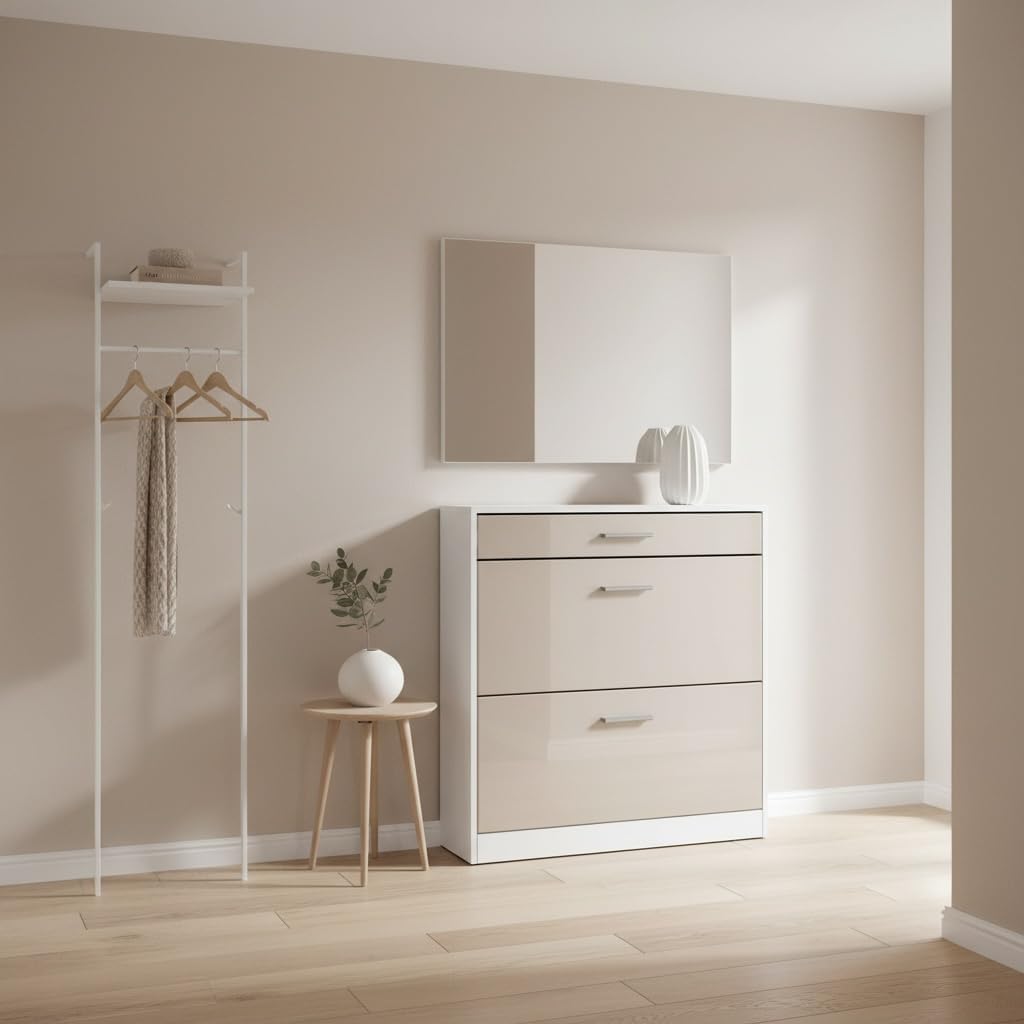 Schuhschrank Roma Schmal mit 2 Klappen und 1 Schublade, Platzsparender Schuhkipper Flurschrank für D