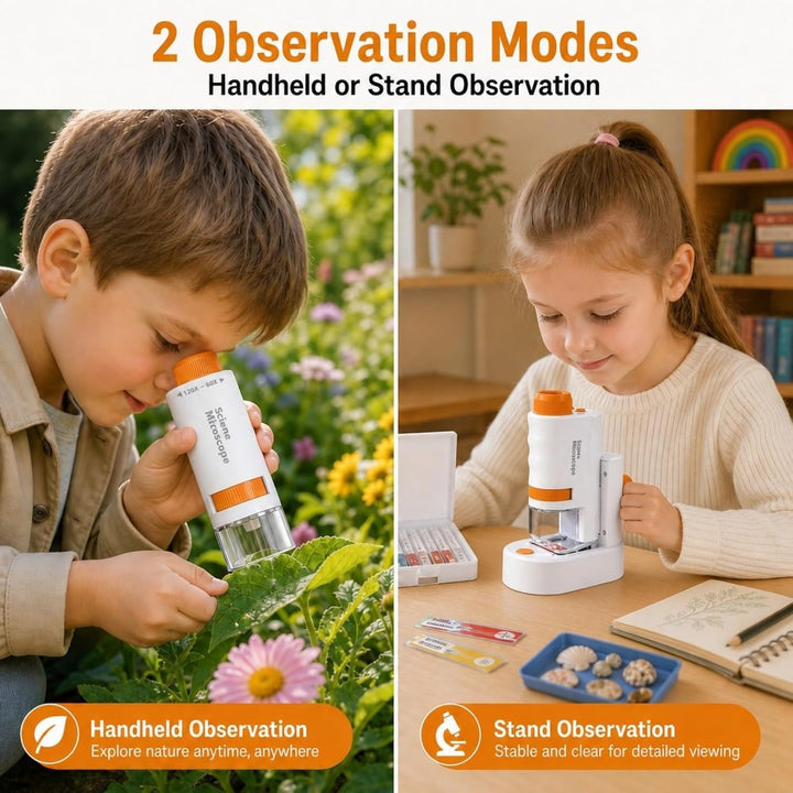 60-120x Mikroskop für Kinder mit Stand | Tragbares Taschenmikroskop, Hand-und Stand, Multifunktional