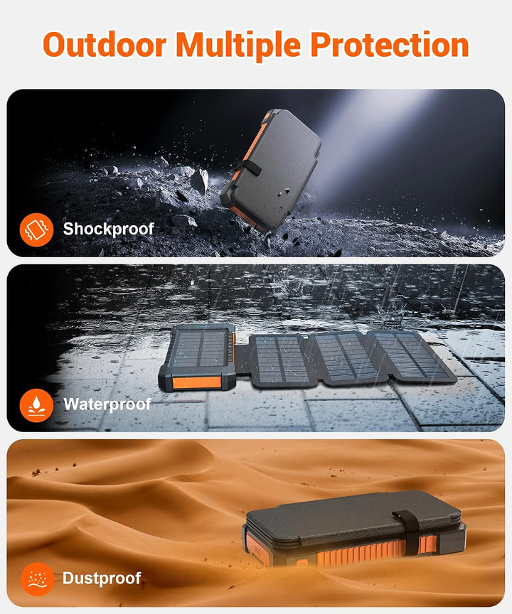 Solar Powerbank 26800 mAh, Powerbank USB-C 18W Schnellladung für iPhone Samsung und mehr, IPX7 wasse